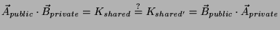 $\displaystyle \vec{A}_{public} \cdot \vec{B}_{private} = K_{shared} \overset{?}{=} K_{shared'} = \vec{B}_{public} \cdot \vec{A}_{private}$